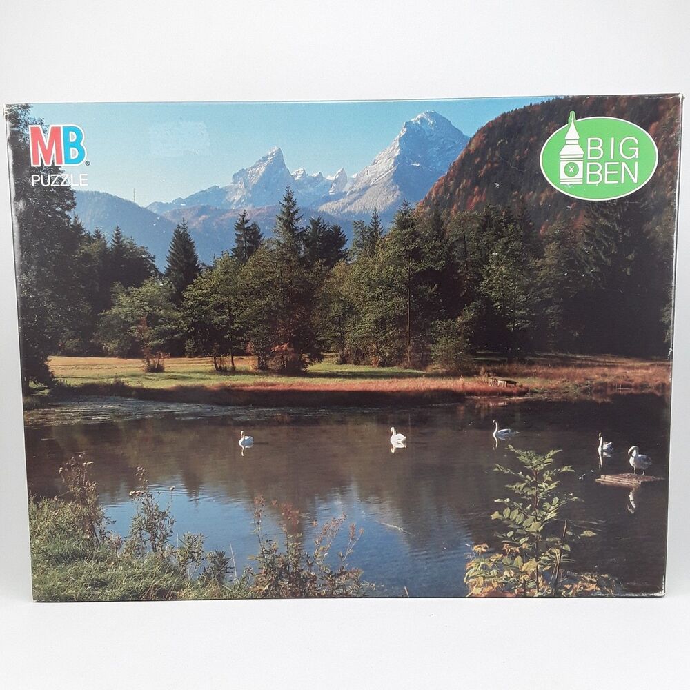 New Vtg 1000 pc Puzzle, Berchtesgaden W. Germany, 1989 Big Ben, swan lake trees
